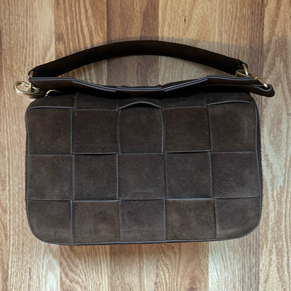 JMcLaughlin suede chocolate brown woven style bag.